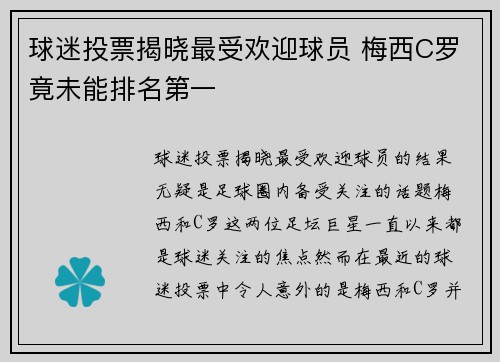 球迷投票揭晓最受欢迎球员 梅西C罗竟未能排名第一