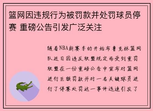 篮网因违规行为被罚款并处罚球员停赛 重磅公告引发广泛关注